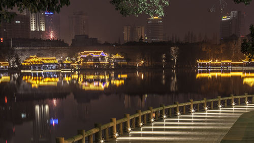 Reflection of illuminated buildings in lake at night