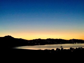 Scenic view of lake against clear sky at sunset