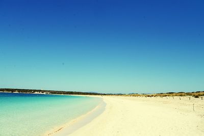 Scenic view of beach against clear blue sky