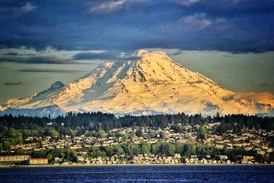 Scenic view of lake against cloudy sky