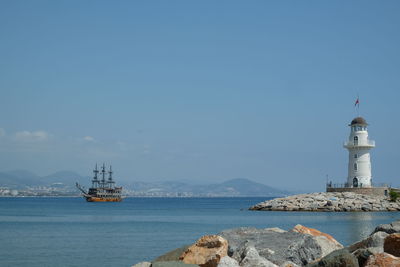 Lighthouse by sea against clear sky