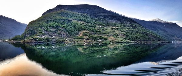 Scenic view of lake and mountains against sky