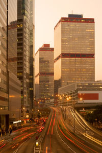 Modern buildings in city at dusk