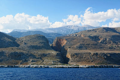 Scenic view of sea and mountains against sky