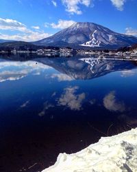 Scenic view of lake by mountains against sky