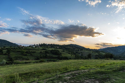 Scenic view of field against sky during sunset