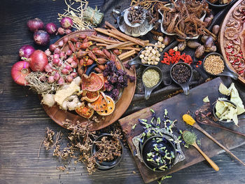 High angle view of various fruits on table