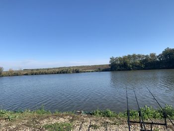 Scenic view of lake against clear blue sky