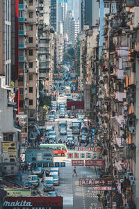 High angle view of street and buildings in city