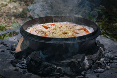 Close-up of meat on barbecue grill