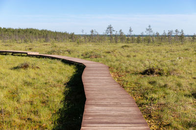 Boardwalk amidst field against sky