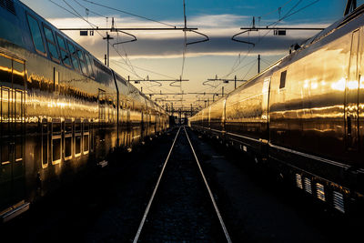 Diminishing view of trains on track against sky during sunset