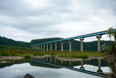 The norman wood bridge over the susquehanna river reflecting itself in a small body of water