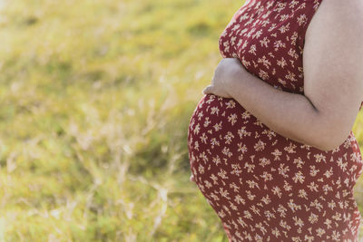 A beautiful pregnant woman stands in the grass in the asian region.