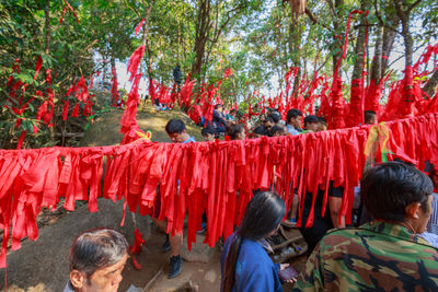 Rear view of people standing by plants