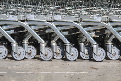 Low angle wheels view of supermarket carts