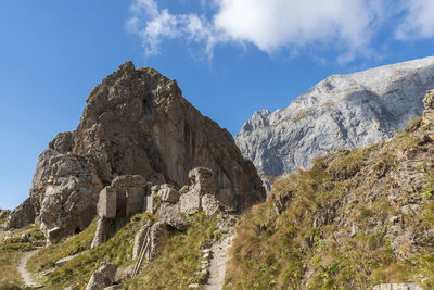 Low angle view of rock formations against sky