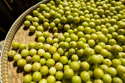 High angle view of green lemons in bowl