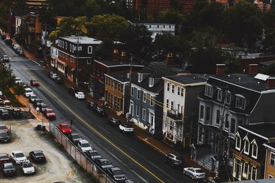 High angle view of cars on street in city