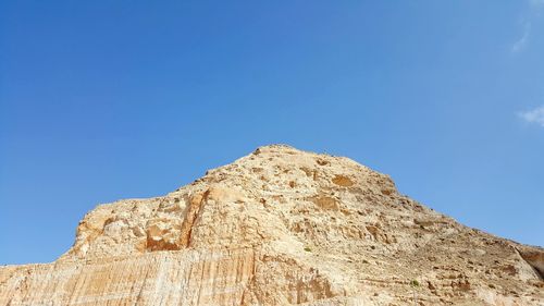 Low angle view of rock formations against clear blue sky