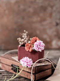 Close-up of pink flowering plant on table