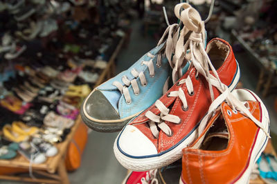 High angle view of shoes for sale