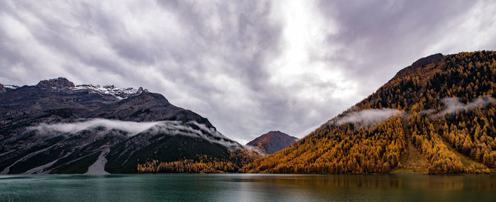 Scenic view of lake by snowcapped mountains against sky