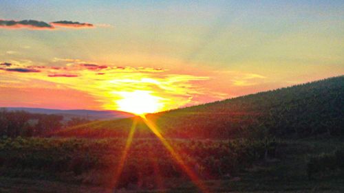 Scenic view of sunset over field