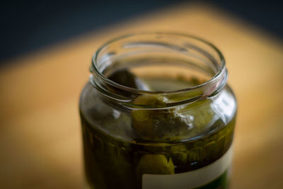 Close-up of drink in jar on table