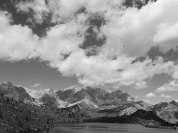 Scenic view of lake and mountains against sky