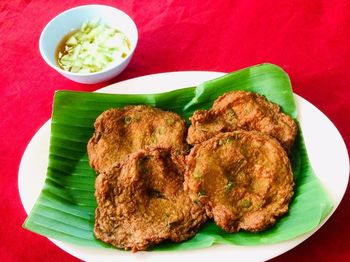 High angle view of meal served on table