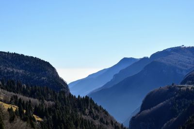 Panoramic view of mountains against clear blue sky