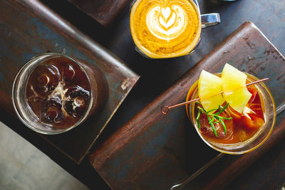 High angle view of drink on table