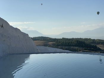 Aerial view of city at salt terraces at pamukkale in turkey 