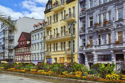Street with beautiful historical houses in karlovy vary city center, czech republic