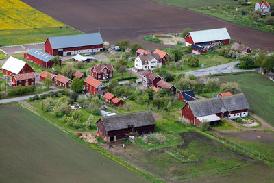 High angle view of houses and buildings in city