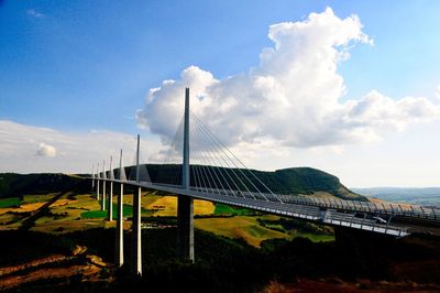 Millau viaduct over landscape against sky