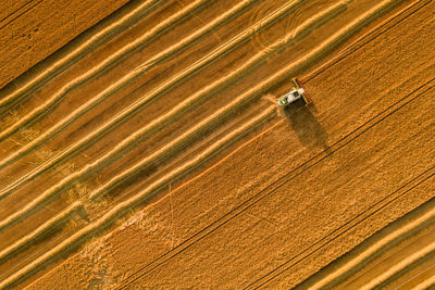 Wheat crop harvest. aerial view of combine harvester at work during harvest time. 