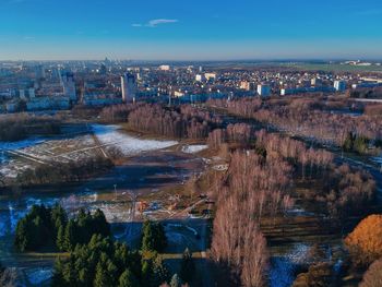 High angle view of river amidst buildings in city