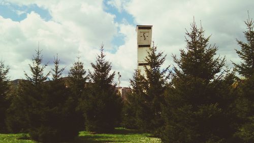 Low angle view of trees against cloudy sky