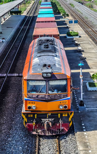 High angle view of train on railroad tracks