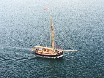 High angle view of sailing boat on sea