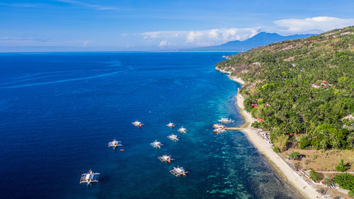 High angle view of sea shore against sky