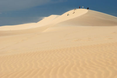 Distance shot of people walking at desert