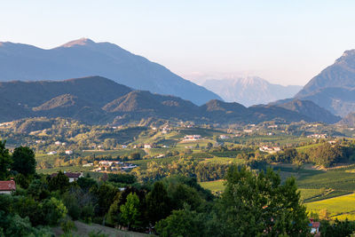 View of the prosecco hills, in the background the venetian alps