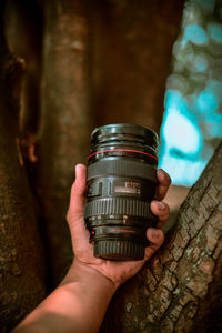 Close-up of person holding tree trunk