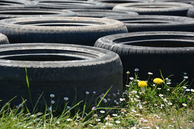Close-up of wheels in grass in field