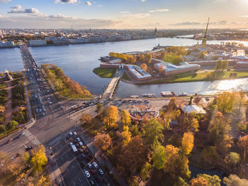 High angle view of city at sunset