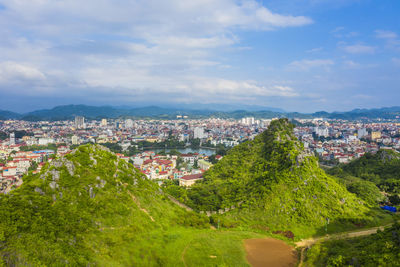 High angle shot of townscape against sky