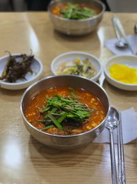 High angle view of soup in bowl on table